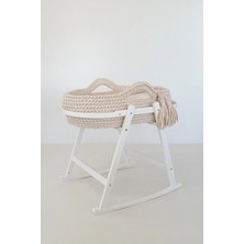Babycom Beyaz Ahşap Çemberli Beşik Standı + Bej Örgü Sepet