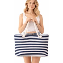 Fancy Kids Antalya Büyük Boy Yatay Çizgili Plaj Çantası 24 Litre Halat Saplı Iç Cepli Çok Şık Ekru -Lacivert