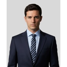 1001 Kravat Lacivert Çizgili 7,5 cm Genişliğinde Ipek Kravat