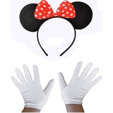 Akinco Kırmızı Fiyonklu Minnie Mouse Tacı ve Beyaz Eldiven Seti