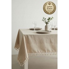 Morlay Linen | Vintage Püsküllü Naturel Keten Masa Örtüsü - Ham Bej Yıkanmış Keten Bohem Sofra Ör