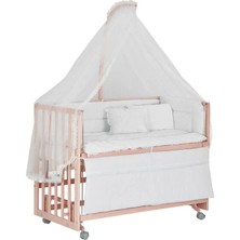 Babycom Naturel Boyasız Tekerlekli Beşik 60X120 cm ve  Beyaz Uyku Seti