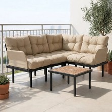 Eportatif Bahçe Köşe Takımı Balkon ve Cafe Modüler Metal Köşe Koltuk Takımı Sehpalı Bej 16355