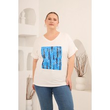 Rmg Baskılı Taş Detaylı Büyük Beden Tişört Ekru