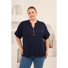 Rmg Hakim Yaka Büyük Beden Düğmeli Bluz Lacivert