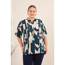 Rmg Hakim Yaka Büyük Beden Desenli Bluz Petrol