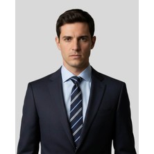 1001 Kravat Lacivert Çizgili 7,5 cm Genişliğinde Ipek Kravat