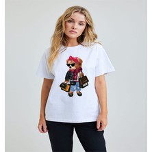 ÇARŞI47 Kadın Tişört Ayıcık Baskılı T-Shirt Yuvarlak Yaka 3D Baskı Kalitesi