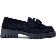 Deery Kadın Hakiki Süet Lacivert Püsküllü Loafer Ayakkabı - 02033ZLCVC01