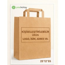 Packolay Logo Baskılı Kraft Kağıt Çanta Flat Saplı 25X12X35 cm 100 Adet