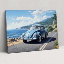 Popcas Volkswagen Beetle Sahil Manzaralı Kanvas Tablo - Volkswagen Beetle Kanvas Tablo Deniz Manzarası Güzel