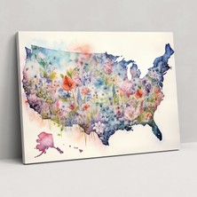 Popcas Sanatsal Amerika Birleşik Devletleri Haritası Kanvas Tablosu - Amerika Birleşik Devletleri Haritası Duvar Dekorasyonu Güzellik Sanatsal Suluboya Harita