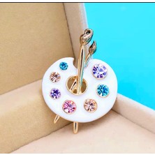 Gold Renk Beyaz Renk Mineli Zirkon Taşlı Tasarım Resim Paleti Broş