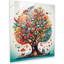 Popcas Yaşam Ağacı Duvar Sanatı - Masalsı Illüstrasyon - Yaşam Ağacı Canlı Renkler Tuhaf Karakterler Kanvas
