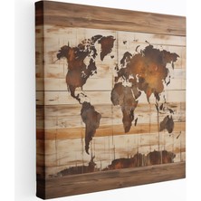 Popcas Rustik Dünya Haritası Kanvas Tablo Ahşap Arka Plan Duvar Dekorasyonu Yıpranmış