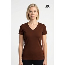 Cottonland Kadın Delfına V Yaka 1x1 Esnek Ribana Kısa Kollu Pamuk Penye T-Shirt