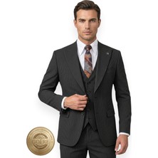 HERMOSE Riviera | Karbon Siyahı Dokulu Gofre Çizgili Yelekli Takım Elbise