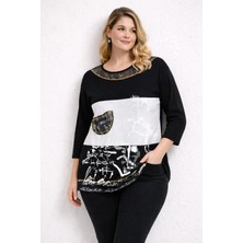 Şans Kadın Büyük Beden Siyah, Bisiklet Yaka, Düşük Kol, Baskı Detaylı Viskon Tunik 65N39397