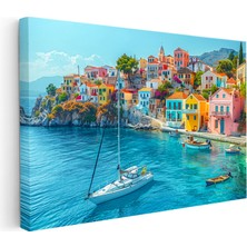 Kanvas Tablo Renkli Sahil Kasabası ve Tekneler Şehir Mimari Tablo Ev Ofis Duvar Dekoru