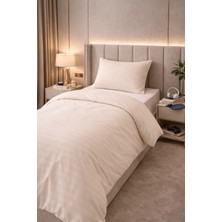 Vionetta Pamuk Saten Açık Bej Çizgili Otel Serisi Lastikli Çarşaflı Tek Kişilik Nevresim Takımı