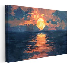 Kanvas Tablo Deniz Üzerinde Büyük Turuncu Ay Manzara ve Doğa Tablosu Ev Ofis Duvar Dekoru