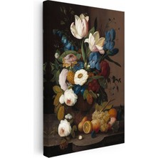 Kanvas Tablo Severin Roesen Lale ve Meyve Tabağı Beyaz Gül Detayı Ressam Tablosu Duvar Dekoru