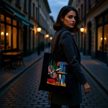 Tişört Kodu Sanatsal Desenli Gabardin Fermuarlı Tote Çanta – Günlük & Şık Omuz Çantası