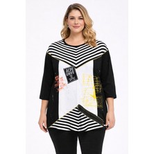 Şans Kadın Büyük Beden Siyah, Bisiklet Yaka, Düşük Kol, Baskı Detaylı Viskon Tunik 65N39396