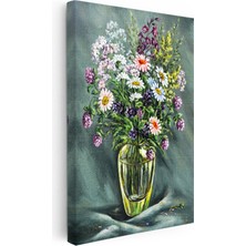 Kanvas Tablo Cam Vazoda Toplanmış Kır Çiçekleri Çiçek Tablosu Ev Ofis Duvar Dekoru