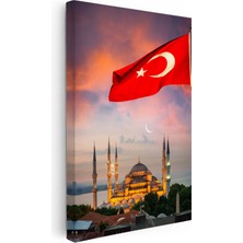 Kanvas Tablo Dalgalanan Türk Bayrağı ve Cami Şehir Mimari Tablo Ev Ofis Duvar Dekoru