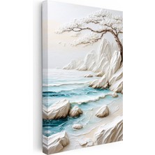 Kanvas Tablo Beyaz Ağaç ve Kayalıklar Kabartma Görünümlü Tablo Ev Ofis Duvar Dekoru