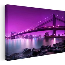 Kanvas Tablo Manhattan Köprüsü Mor Işıklar Şehir Mimari Tablo Ev Ofis Duvar Dekoru