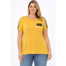 Şans Kadın Büyük Beden Hardal, Cep Ağzı ve Omuz Taş Detaylı Viskon Bluz 65N39393