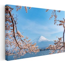 Kanvas Tablo Fuji Dağı ve Pembe Bahar Dalları Manzara Tablosu Ev Ofis Duvar Dekoru