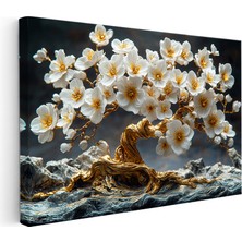 Kanvas Tablo Kayalar Üzerinde Altın Çiçekli Ağaç Çiçek Tablosu Ev Ofis Duvar Dekoru