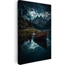 Kanvas Tablo Yıldızlı Gece Gölde Ahşap Sandal Manzara Tablosu Ev Ofis Duvar Dekoru