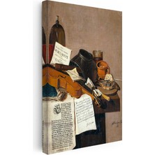 Kanvas Tablo R.r.l.f. Keman ve Kitaplar Vanitas Karanlık Ressam Tablosu Ev Ofis Dekoru