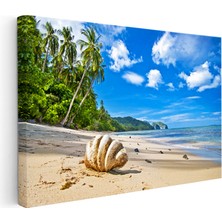 Kanvas Tablo Kumsalda Büyük Deniz Kabuğu Manzara Tablosu Ev Ofis Duvar Dekoru