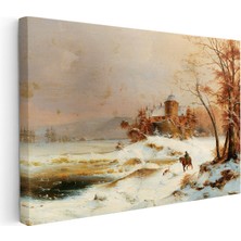 Kanvas Tablo August Cappelen Kış Donmuş Göl Kenarında Kale Ressam Tablosu Ev Ofis Duvar Dekoru