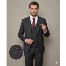 Fabio Cassel Slim Fit  Mono Yaka Çift Yırtmaçlı Astarlı Takım Elbise Yelekli