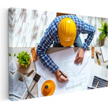Kanvas Tablo Sarı Baretli Proje Çizimi Mimar Tablosu Ev Ofis Duvar Dekoru