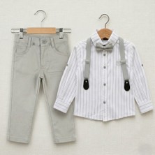Efbey Kids Erkek Çocuk Bayramlık Takım Çizgili Gömlekli Papyonlu Pantalon Askılı Şık Kombin 1-4 Yaş