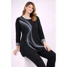 Şans Kadın Büyük Beden Siyah, Taş Işli , Yaka ve Kol Ağzı Ribana Detaylı Tunik 65N39376