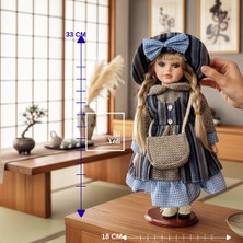 İki Yedi Konsept Katarina 776 Vintage Dekoratif Porselen Yüzlü Bebek Mavi Fiyonk Nostaljik Ev Ofis Masa Üstü Objesi