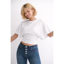 Avakado Bele Oturan Toparlayıcı Crop Bluz Geniş Kollu Üst