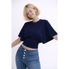 Avakado Bele Oturan Toparlayıcı Crop Bluz Geniş Kollu Üst