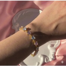 Güneş Takı Gold Pembe Beyaz Kalpli Zirkon Taşlı Çelik Bileklik