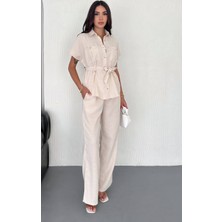 Düğme Detaylı Bağlamalı Keten Alt Üst Takım