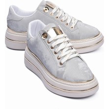Mubiano Kadın Sneaker Kadife Desenli Gold Detaylı Kalın Tabanlı Spor Ayakkabı Lilium Gri