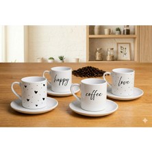 Myworlorganization 4'lü Kahve Fincan Takımı - Love, Kalp, Coffee, Happy Yazılı Baskılı Kahve Fincanı